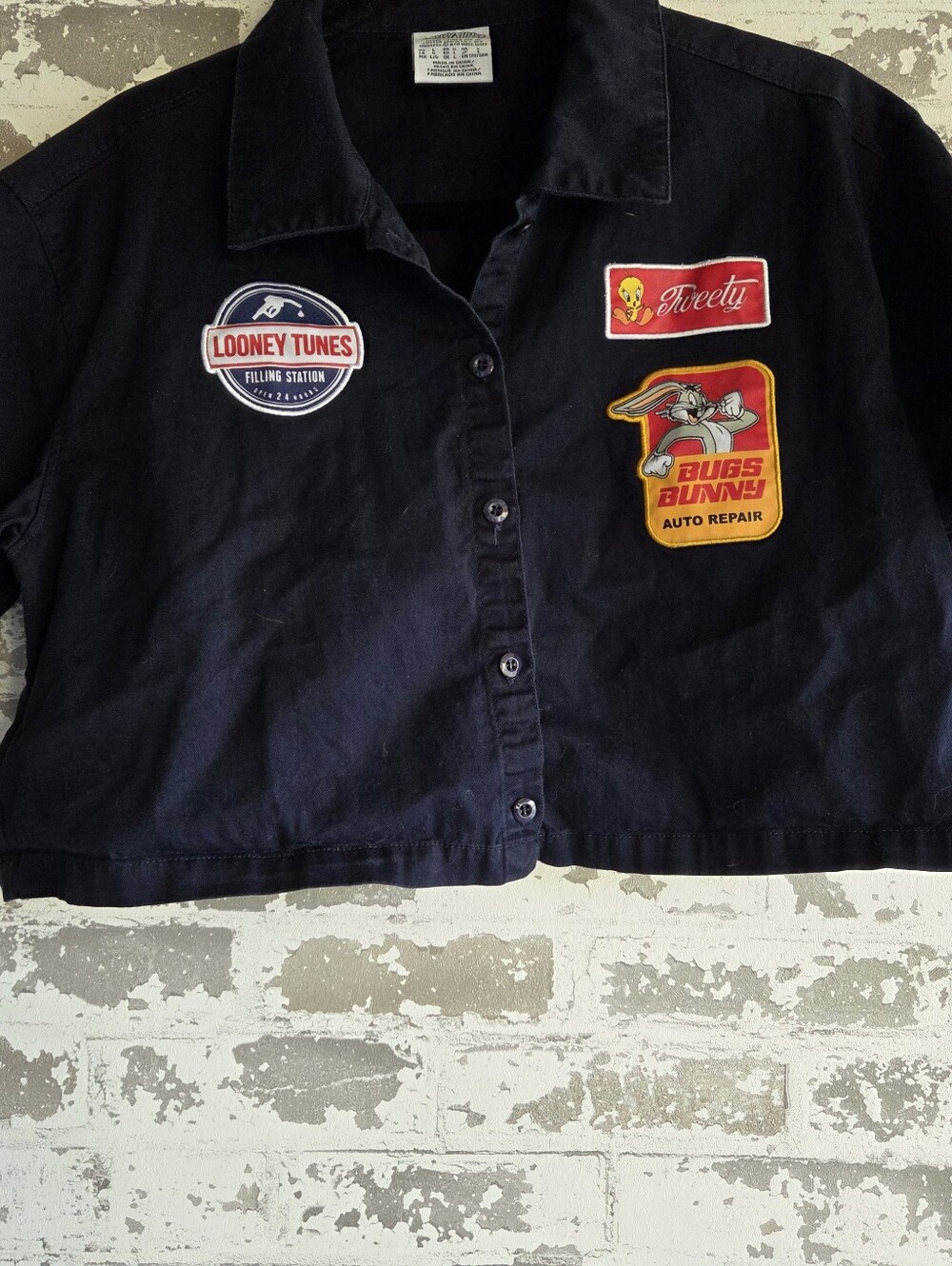 Looney Tunes Filling Station Patch Work Shirt Large Cropped